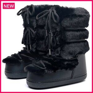 Faux Fur Winter Boots Water-Resistant Mid-Calf Platform Lace-Up